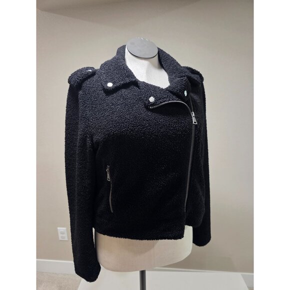 Black Sherpa Moto Jacket With Asymmetrical Zipper & Snap Buttons Long Sleeves - Picture 1 of 7